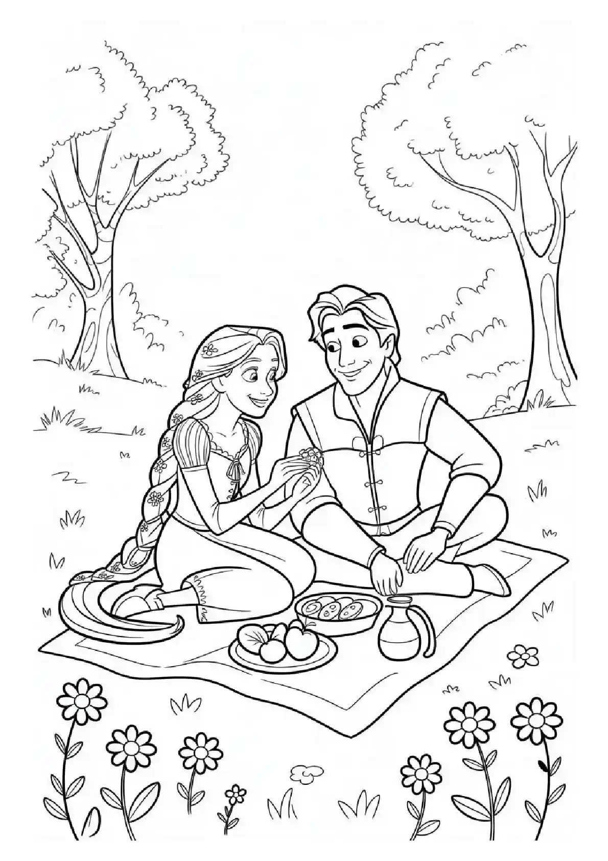 Rapunzel Flynn Woods Picnic Coloring Page