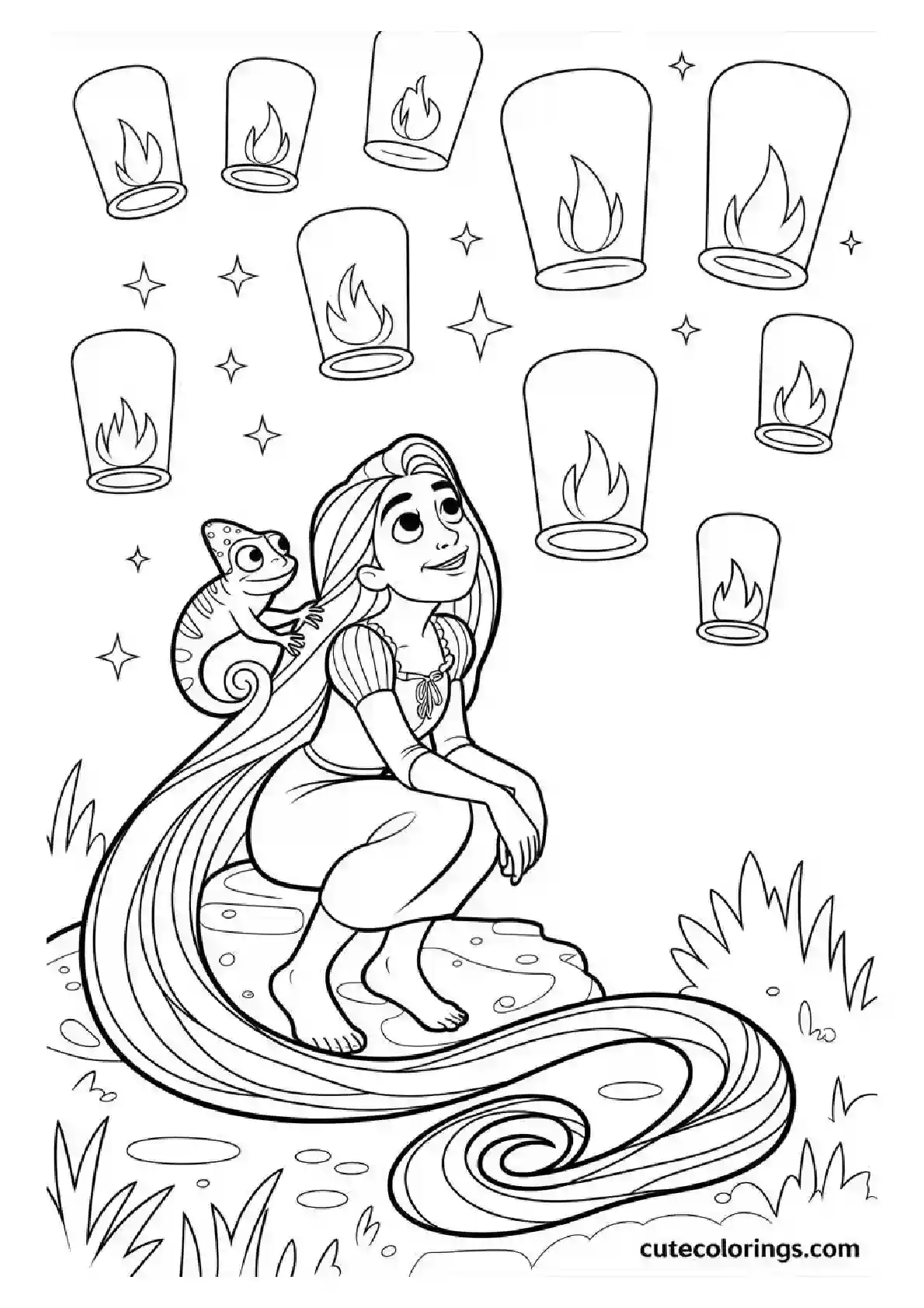 Rapunzel Pascal Lantern Night Coloring Page