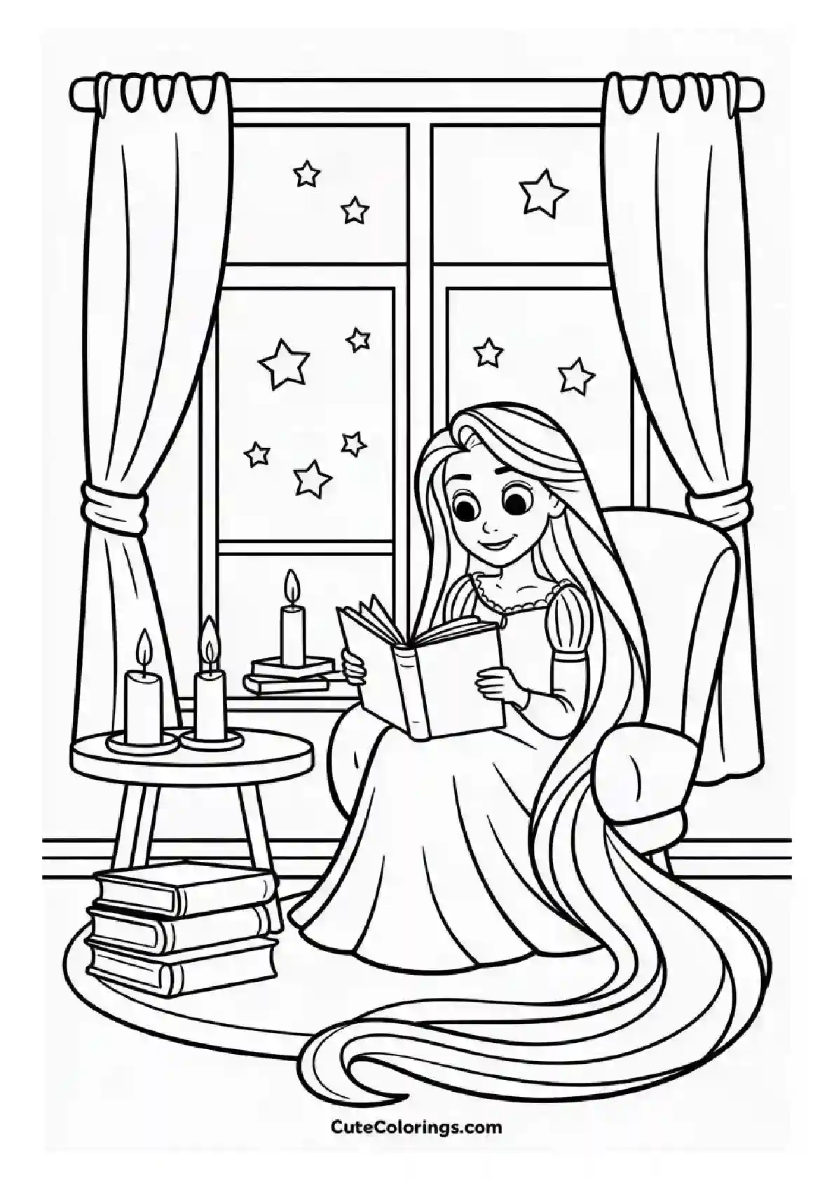 Rapunzel Reading Tower Night Coloring Page