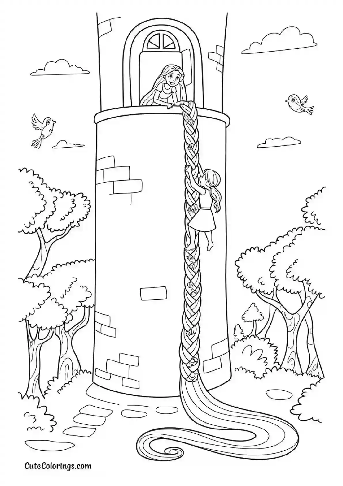 Rapunzel Tower Hair Ladder Coloring Page