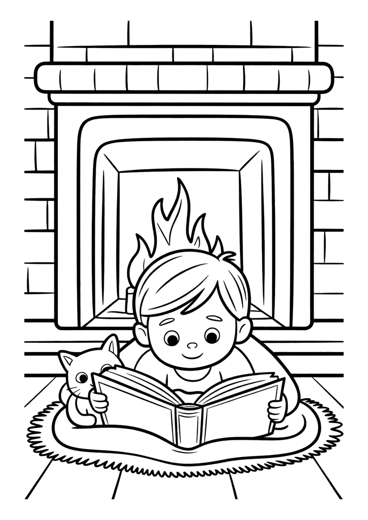 Coloring page of a child reading by the fire