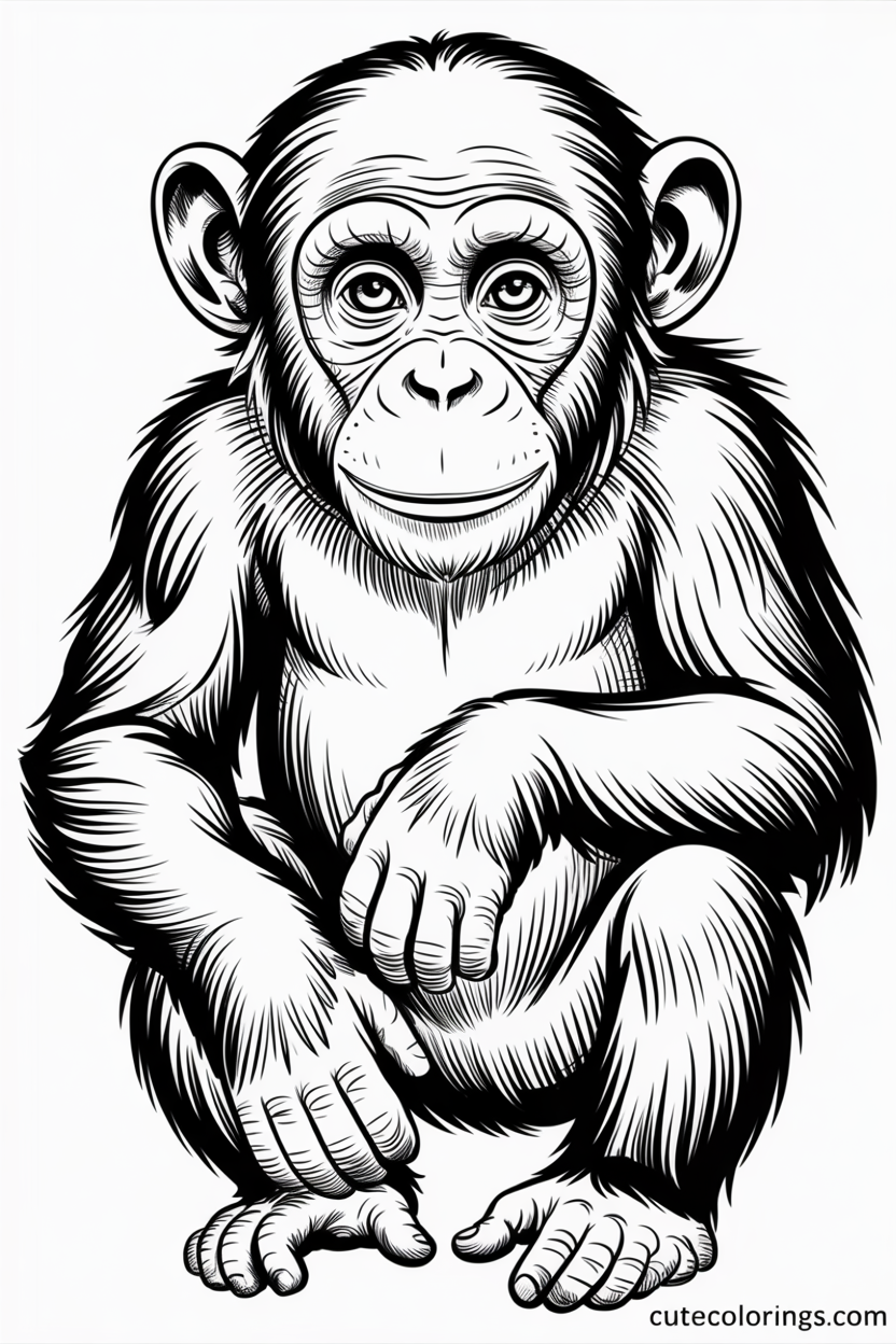 A detailed chimp sits with folded hands looking ahead
