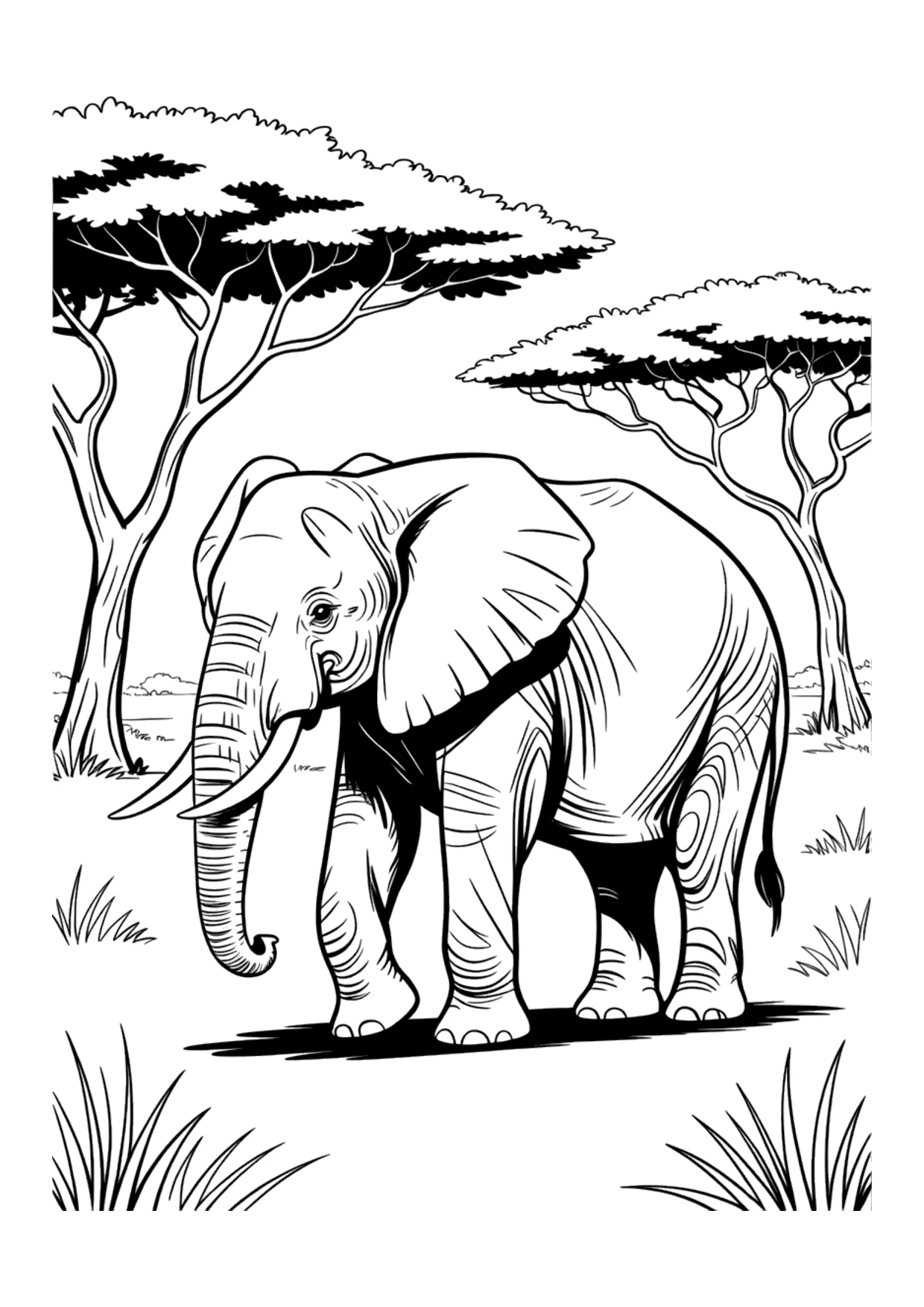 Dibujo detallado y realista para colorear de un elefante africano en la sabana