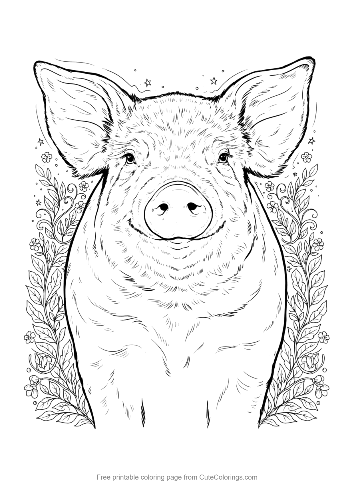 Detailed realistic pig portrait coloring page for adults