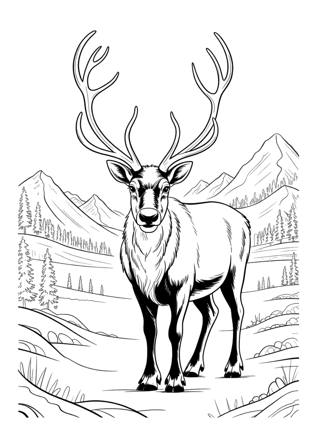 Desenho realista e detalhado de uma rena numa paisagem nevada para colorir