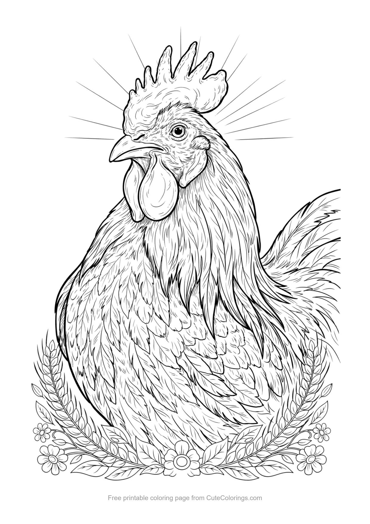 Detailed realistic rooster portrait coloring page with fine feather line work for adults