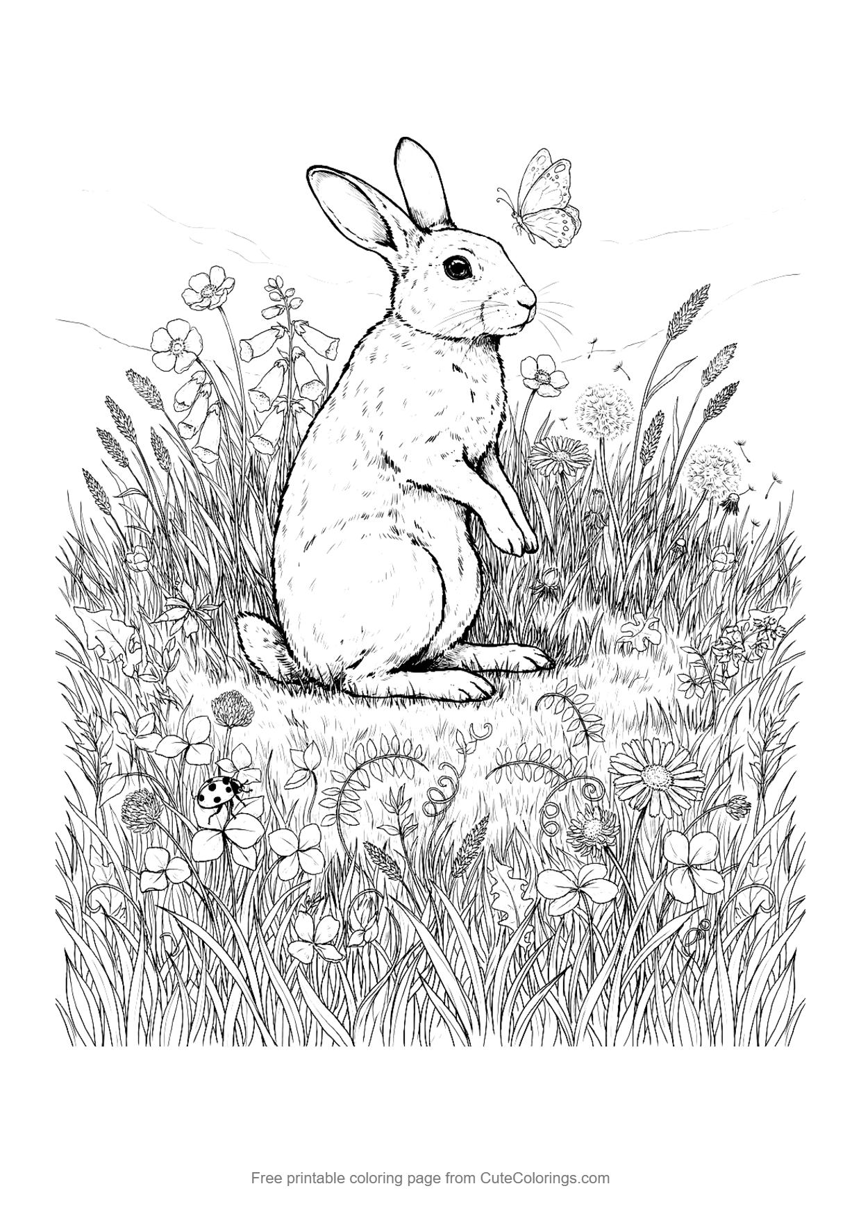 Detailed realistic coloring page for adults of a wild rabbit sitting in a meadow of grasses and wildflowers