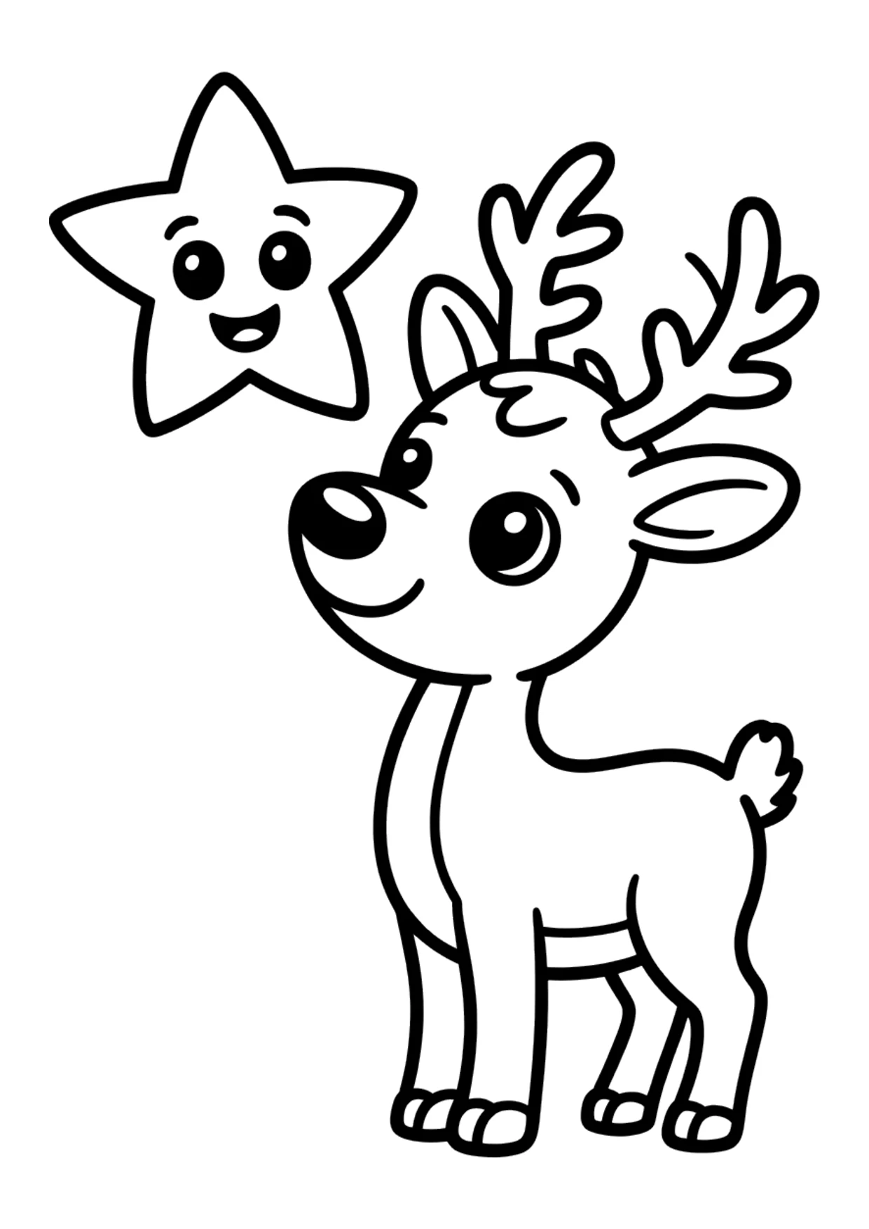 Desenho fácil de uma rena com uma grande estrela para colorir