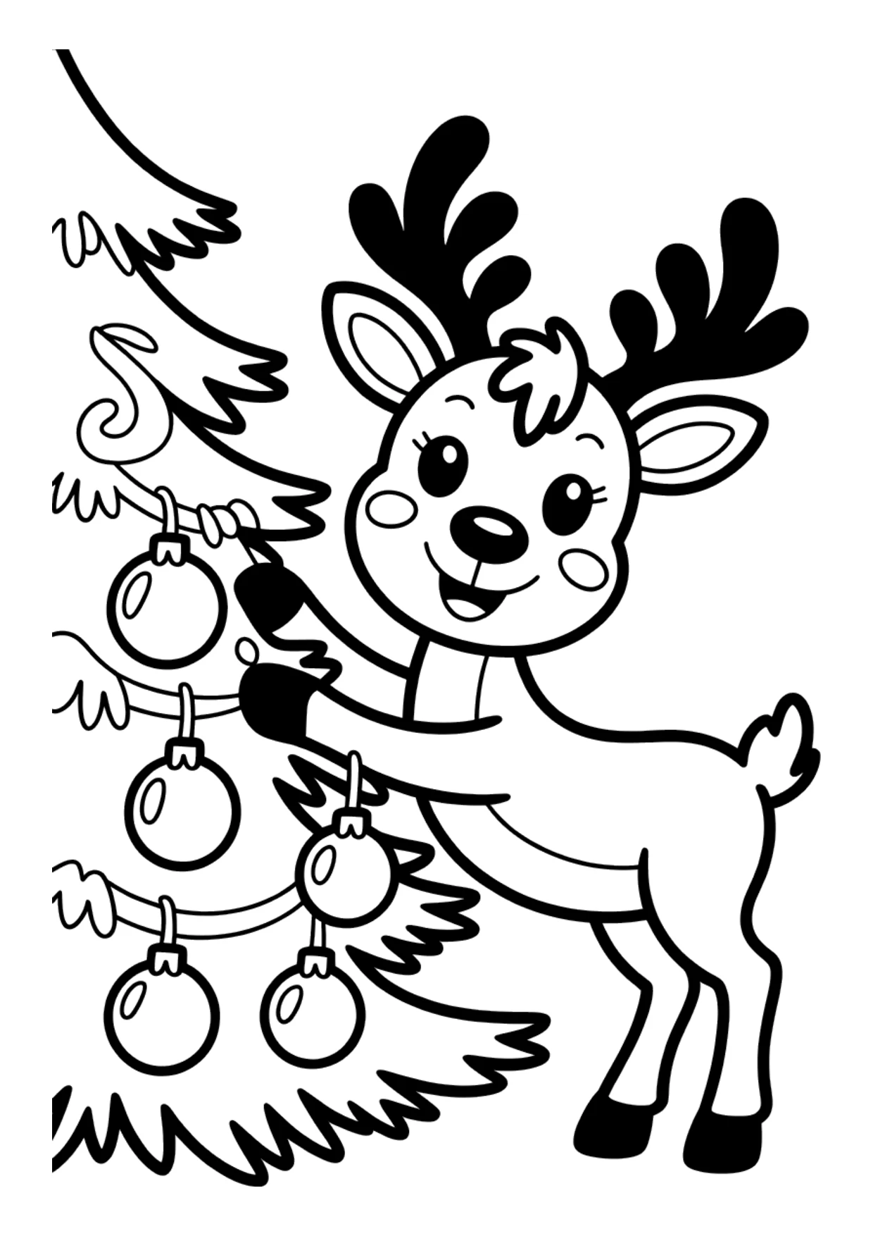 Desenho infantil de uma rena enfeitando a árvore de Natal para colorir