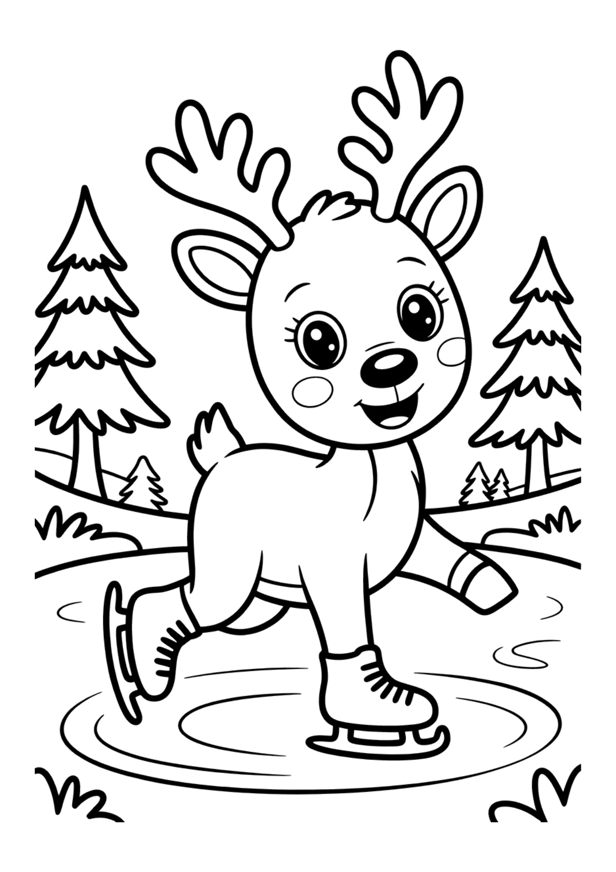 Desenho infantil de uma rena patinando no gelo para colorir