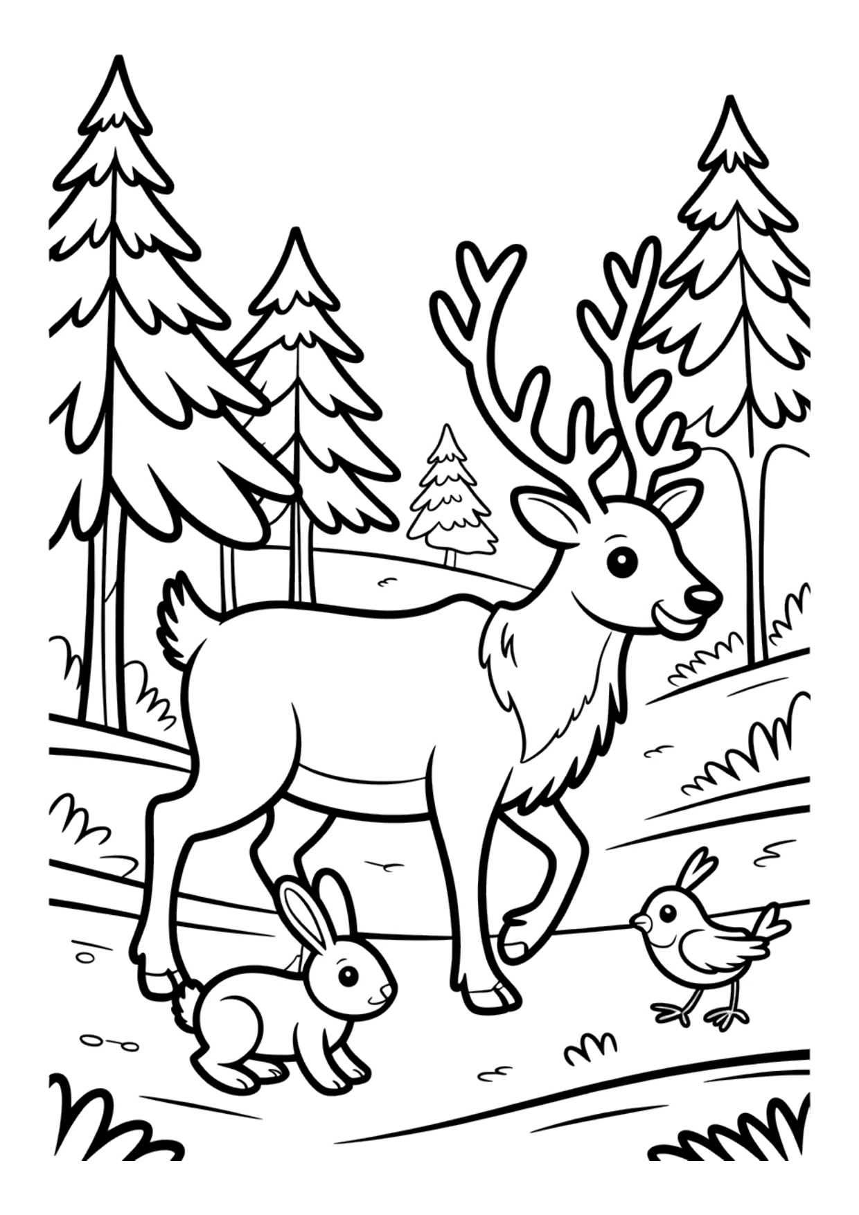 Desenho infantil de uma rena com amigos numa floresta nevada para colorir
