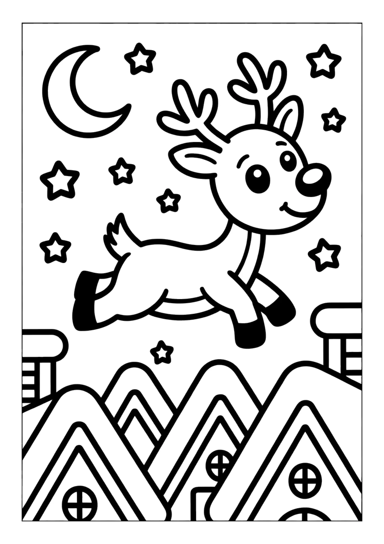 Desenho infantil de uma rena voando sobre casas nevadas à noite para colorir