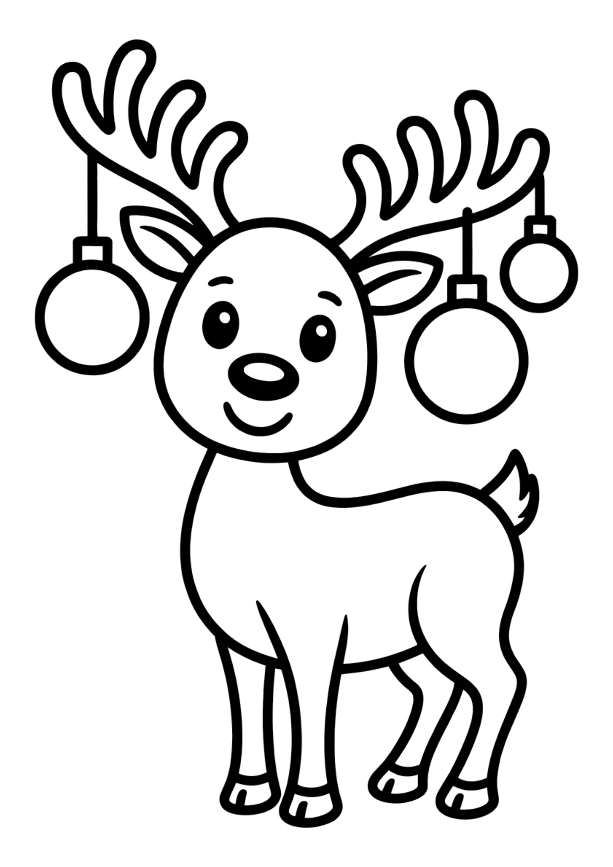 Desenho fácil de uma rena com enfeites nos chifres para colorir