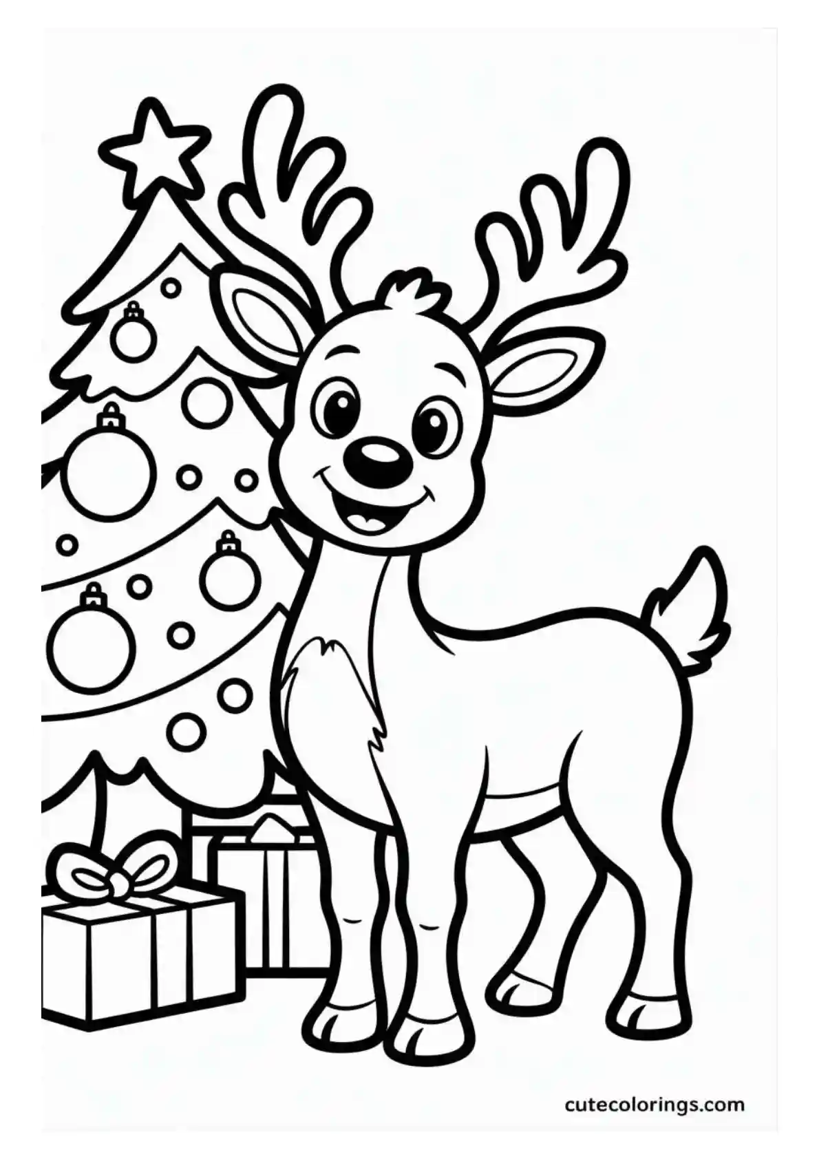 Reindeer by Tree with Christmas Gifts