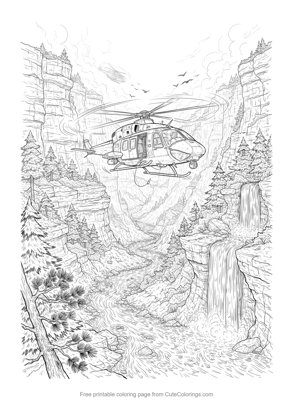 Detailed coloring page of a rescue helicopter flying through a canyon with a waterfall