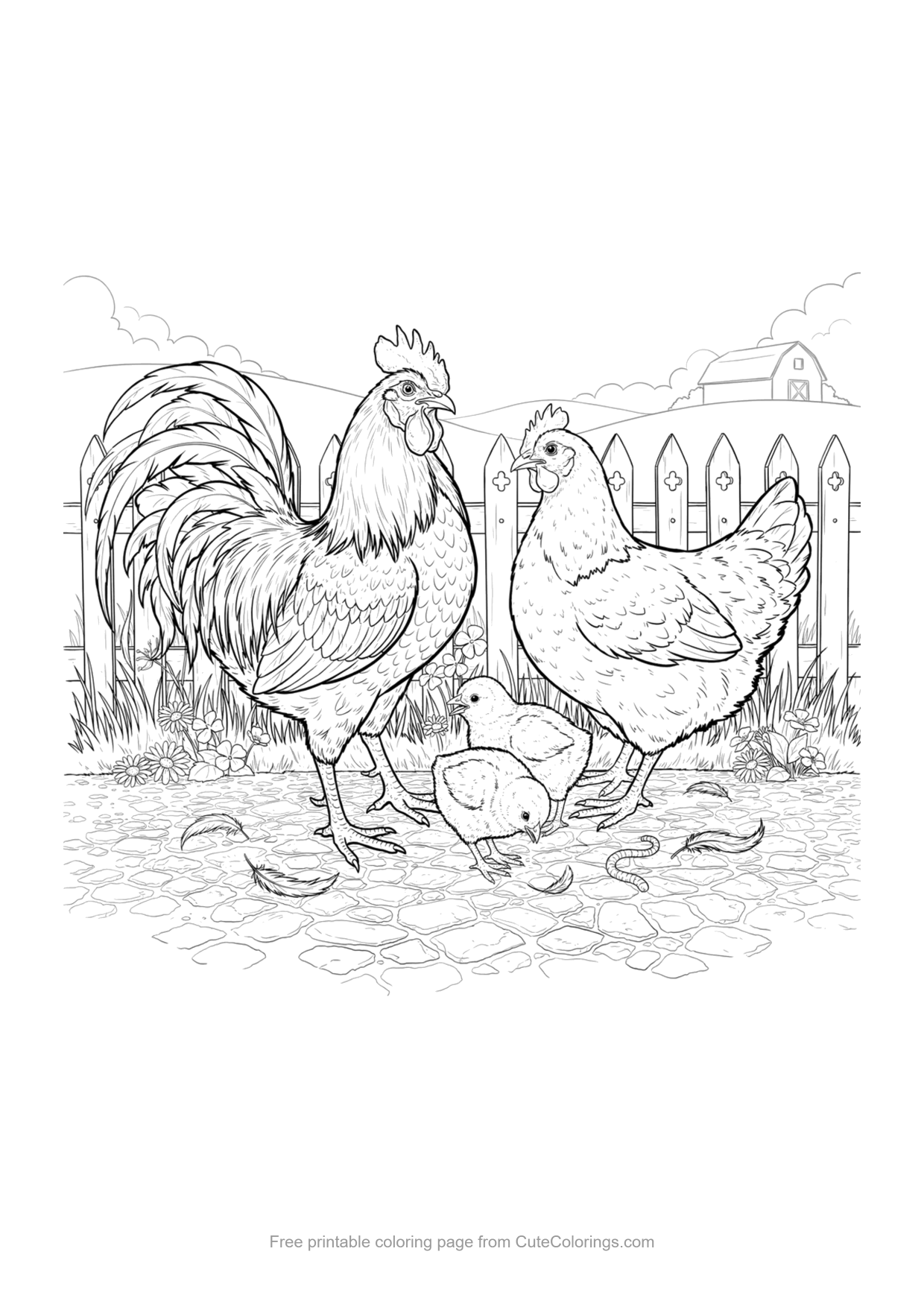 Detailed coloring page of a rooster and hen pair with chicks by a picket fence