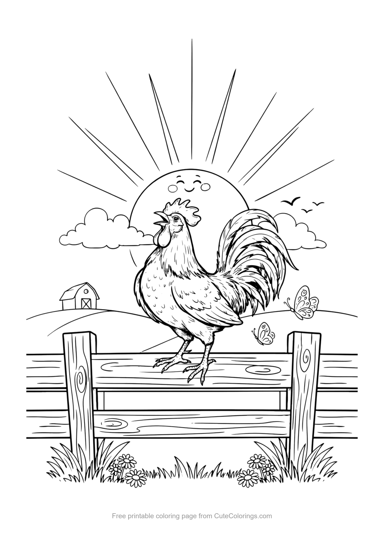 Coloring page of a rooster crowing on a wooden fence in front of the rising sun