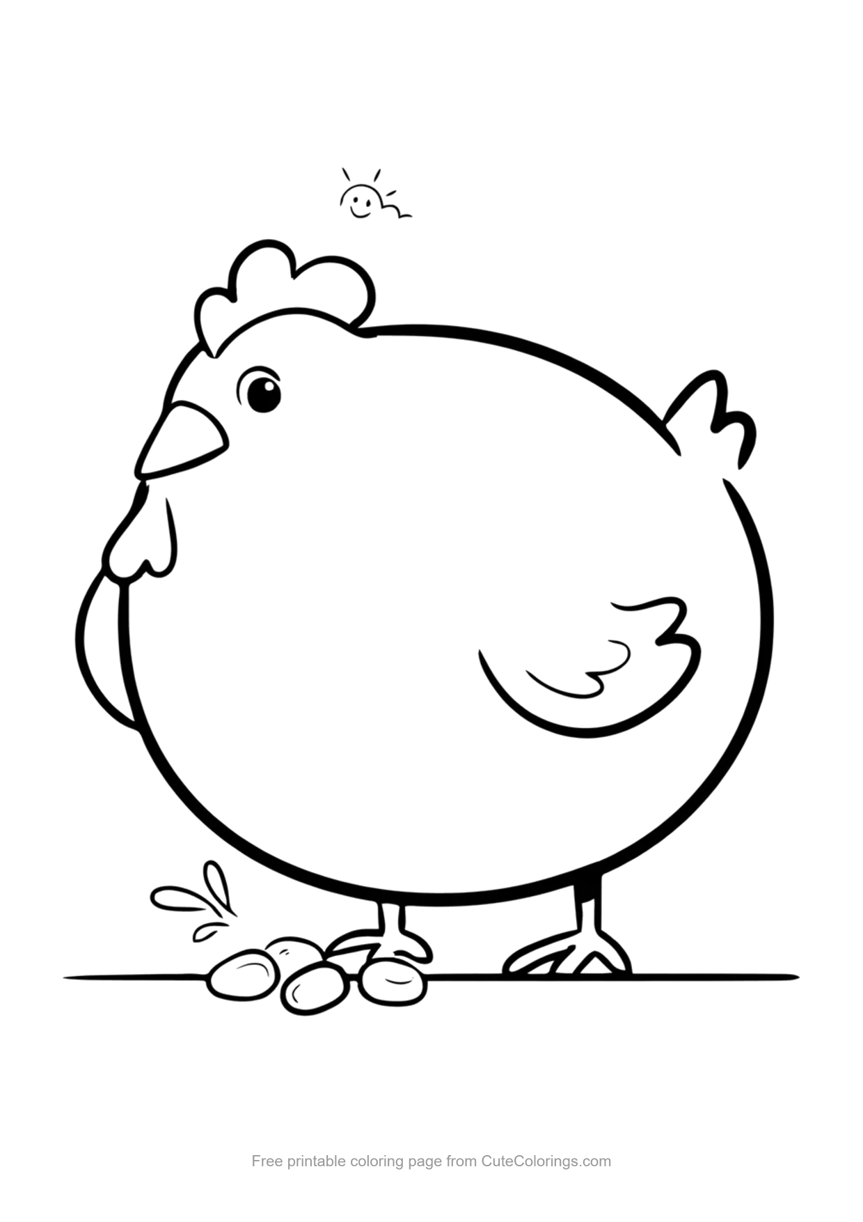 Simple coloring page of a round chicken pecking corn kernels on the ground