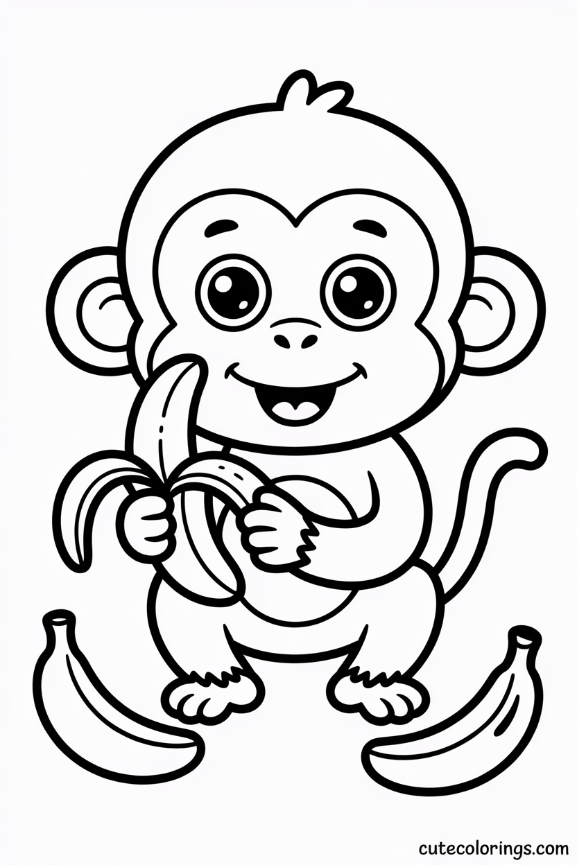 Chubby cheeked monkey smiles while holding a banana