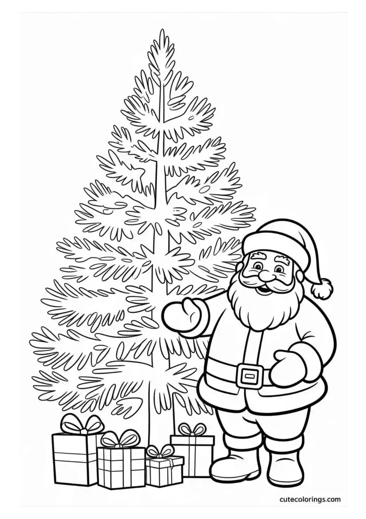 Santa with Tall Pine and Gift Boxes