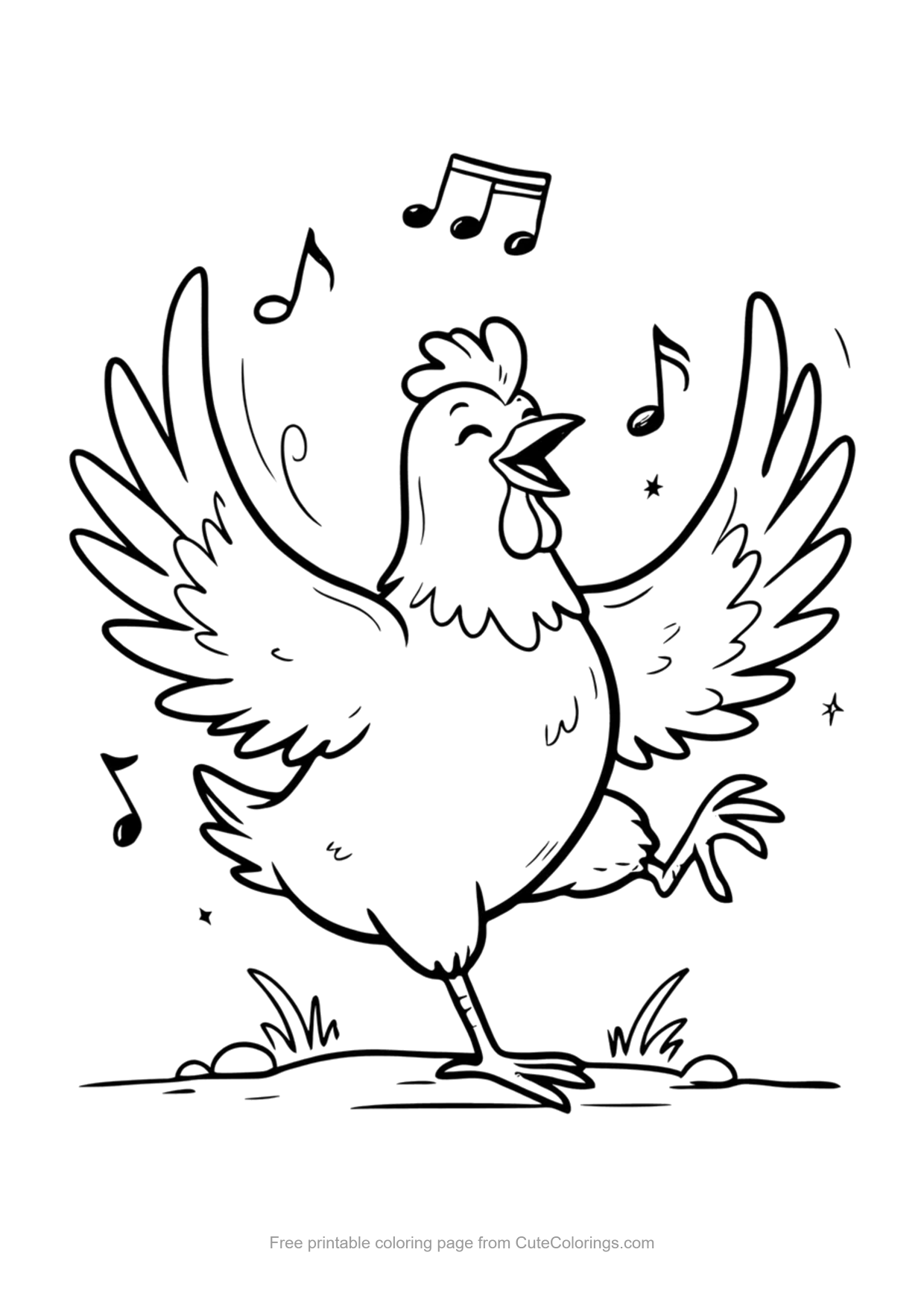 Funny coloring page of a cartoon chicken dancing with music notes around it