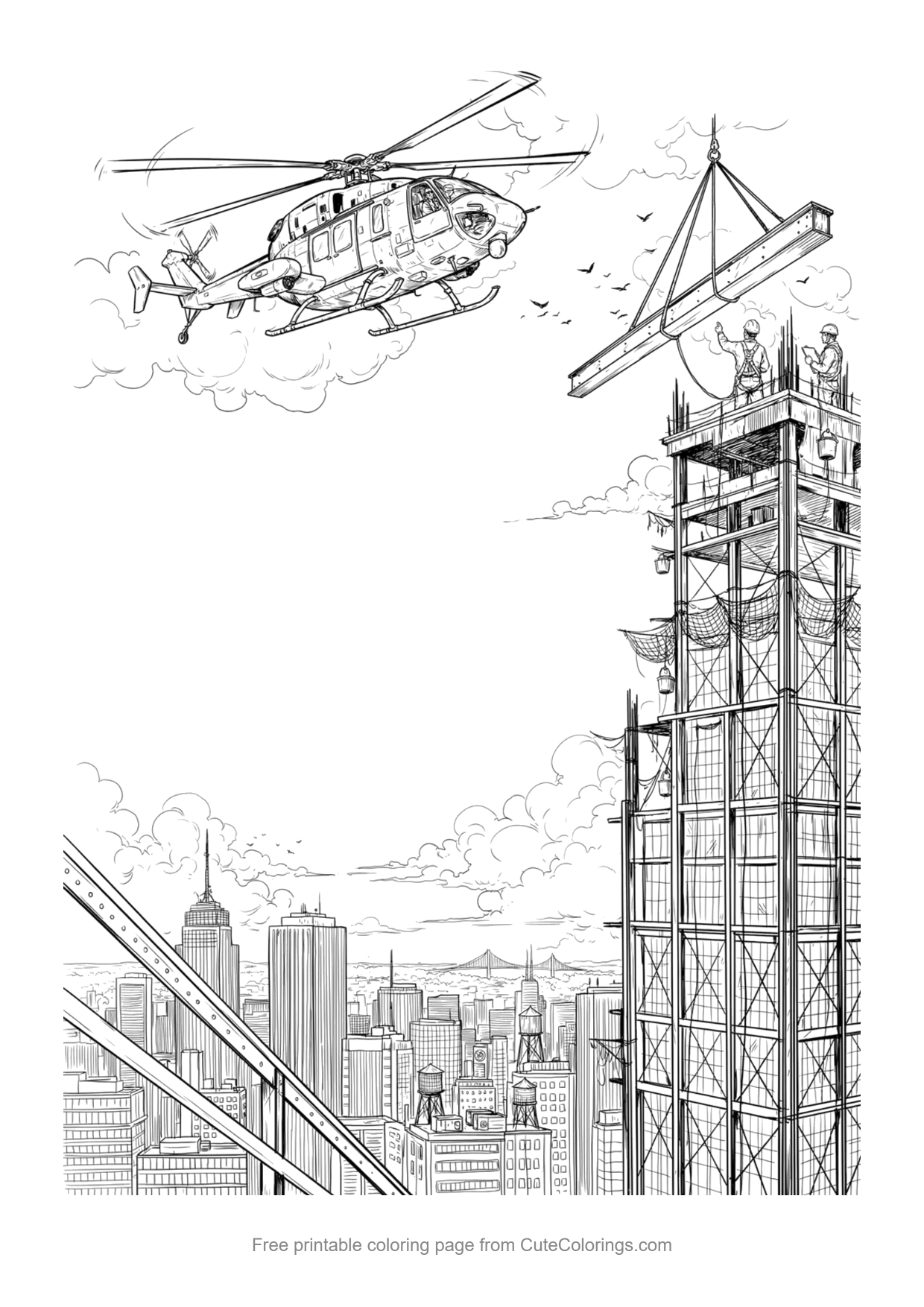 Detailed coloring page of a sky crane helicopter carrying a steel beam to a skyscraper