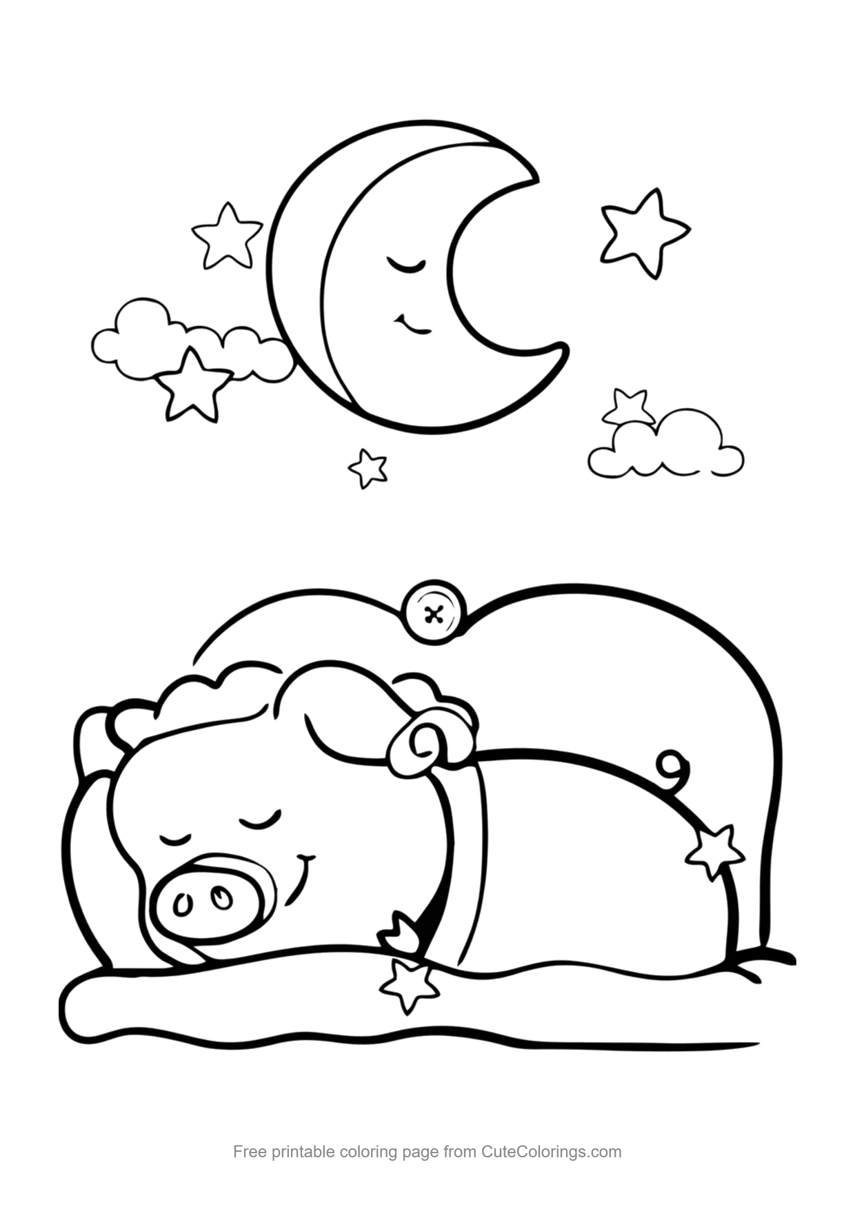 Easy coloring page of a sleeping baby pig curled up
