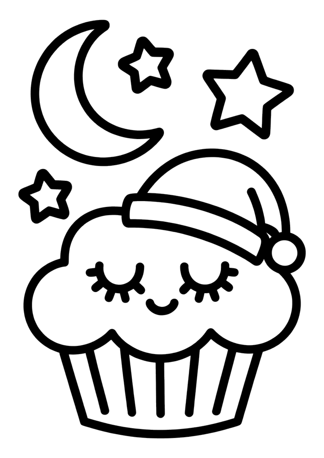 Easy coloring page of a sleepy cupcake wearing a nightcap with a crescent moon and stars
