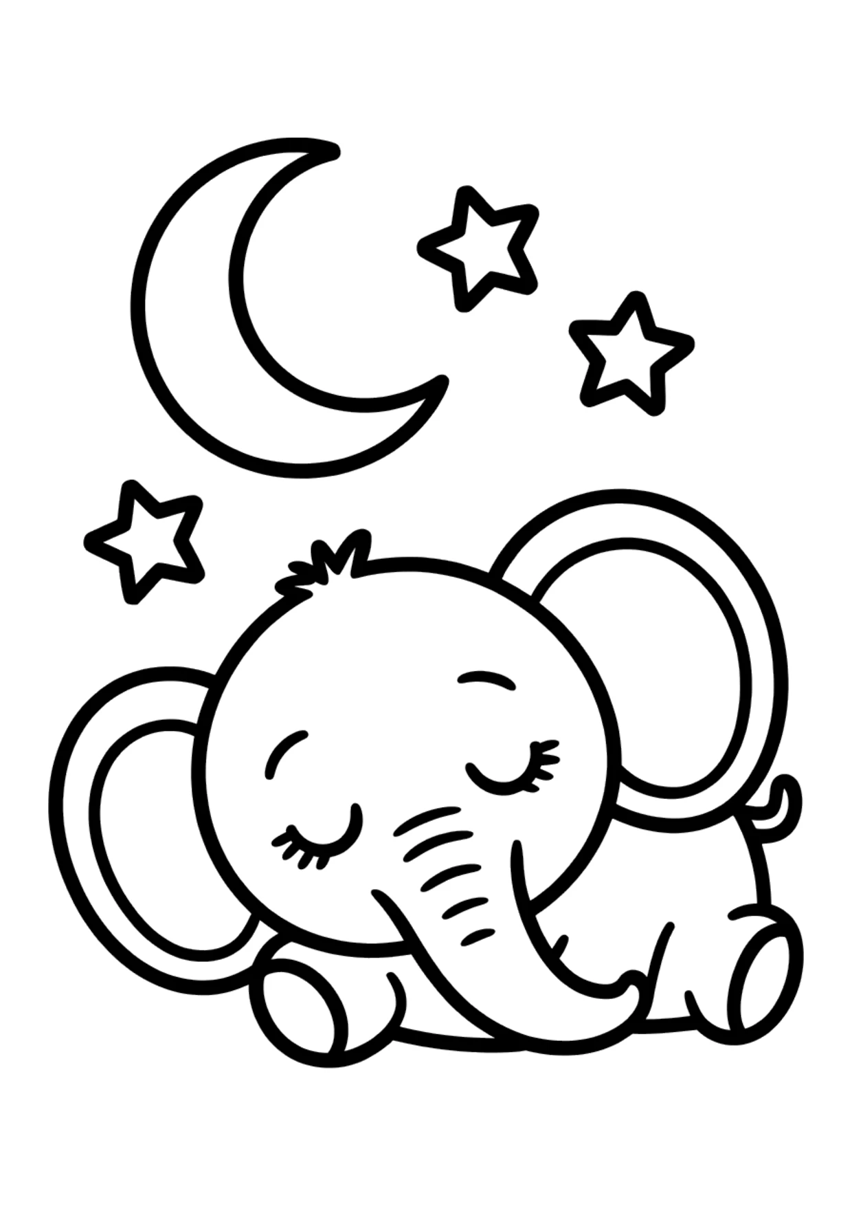 Dibujo fácil para colorear de un elefante dormilón bajo la luna y las estrellas