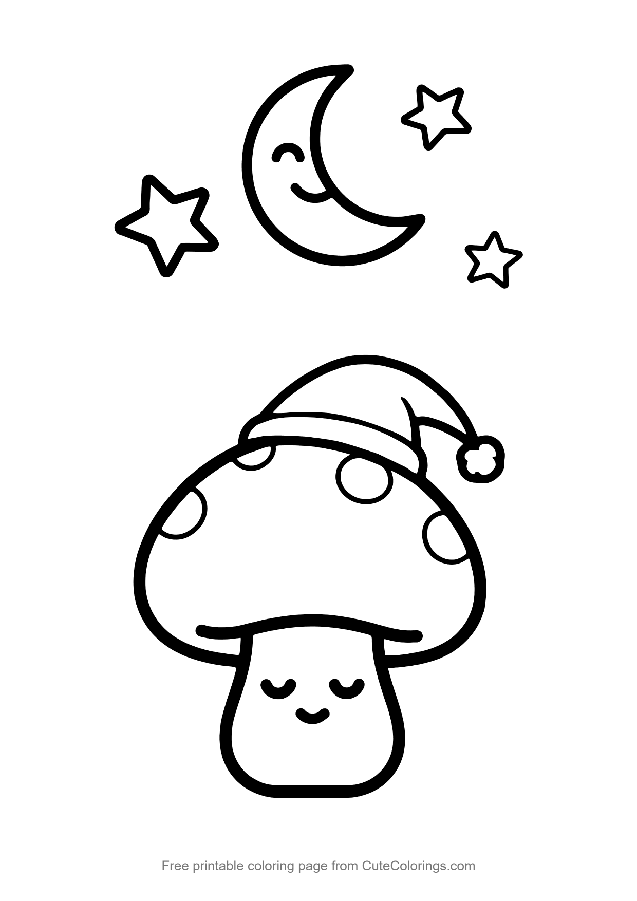 Easy coloring page of a sleepy mushroom under the moon and stars