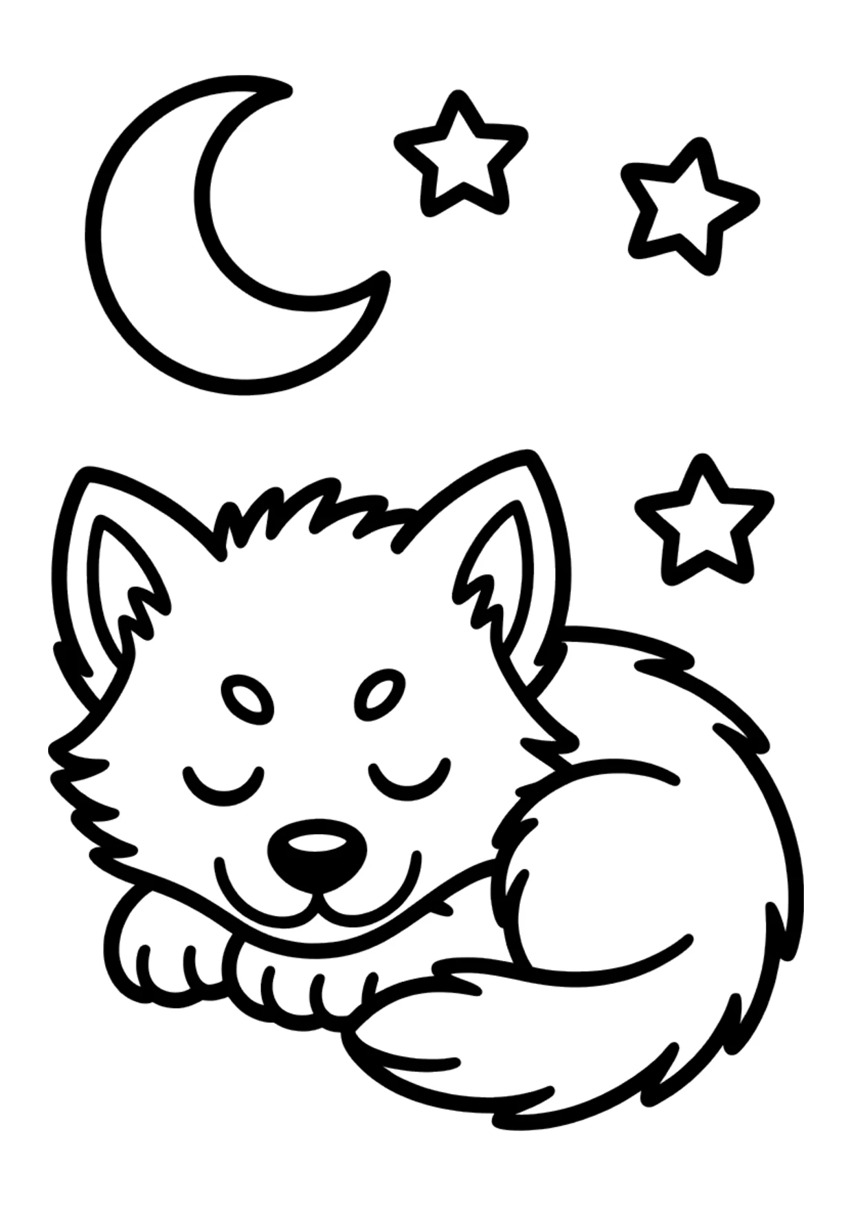 Desenho fácil de um filhote de lobo sonolento sob a lua para colorir