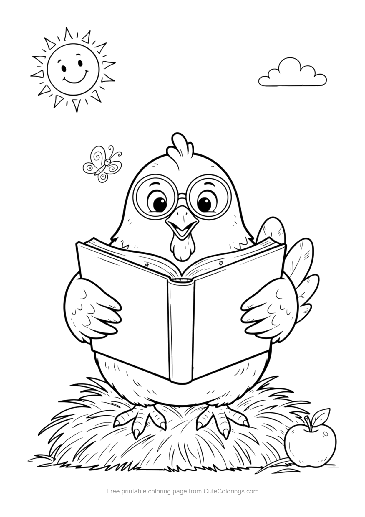 Cute coloring page of a chicken wearing glasses reading a book on a hay pile