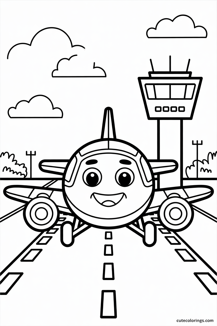 Cheerful plane landing at airport with tower scene