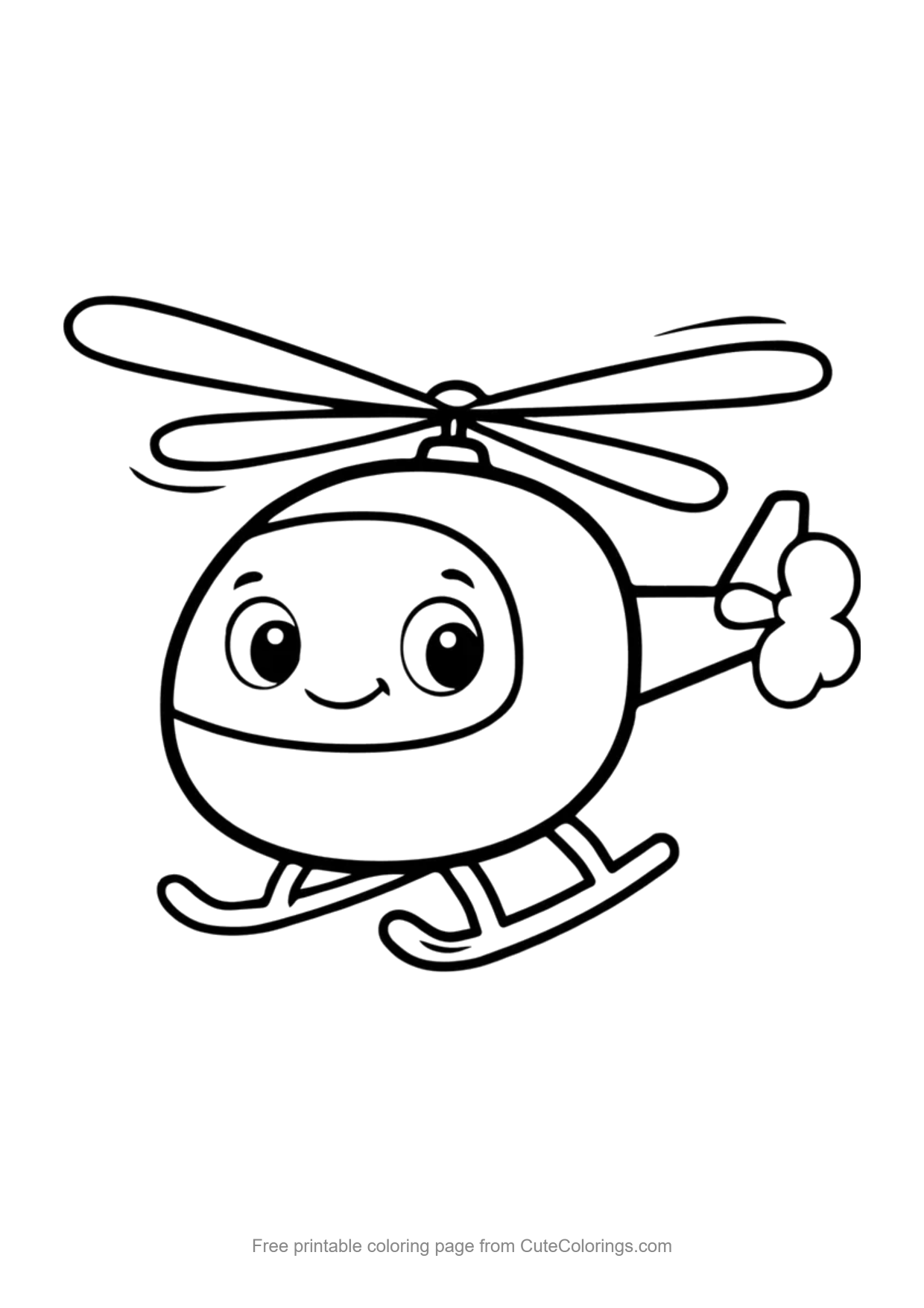Easy coloring page of a cute smiling cartoon helicopter with big eyes and rotor blades
