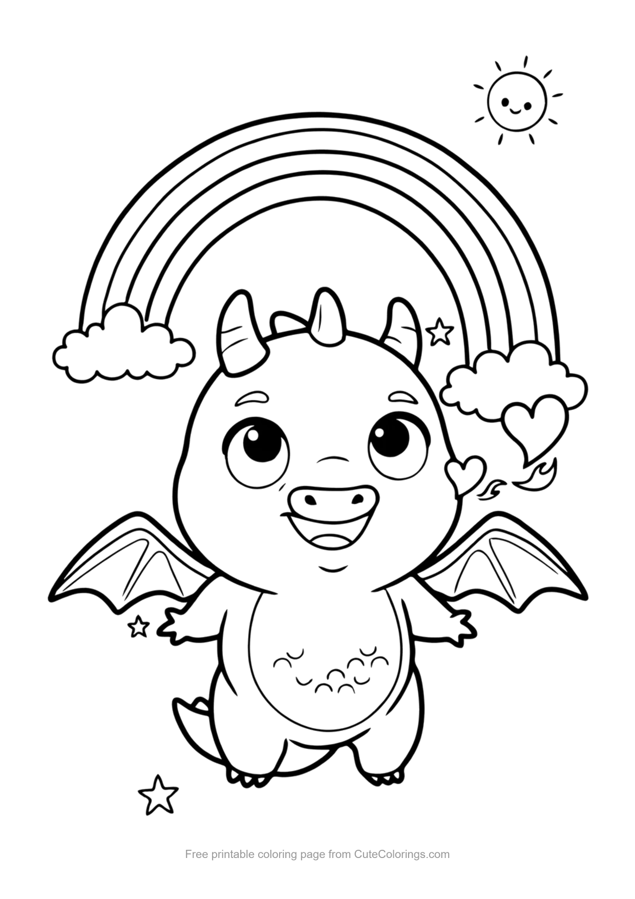 Easy coloring page of a smiling cartoon dragon under a rainbow