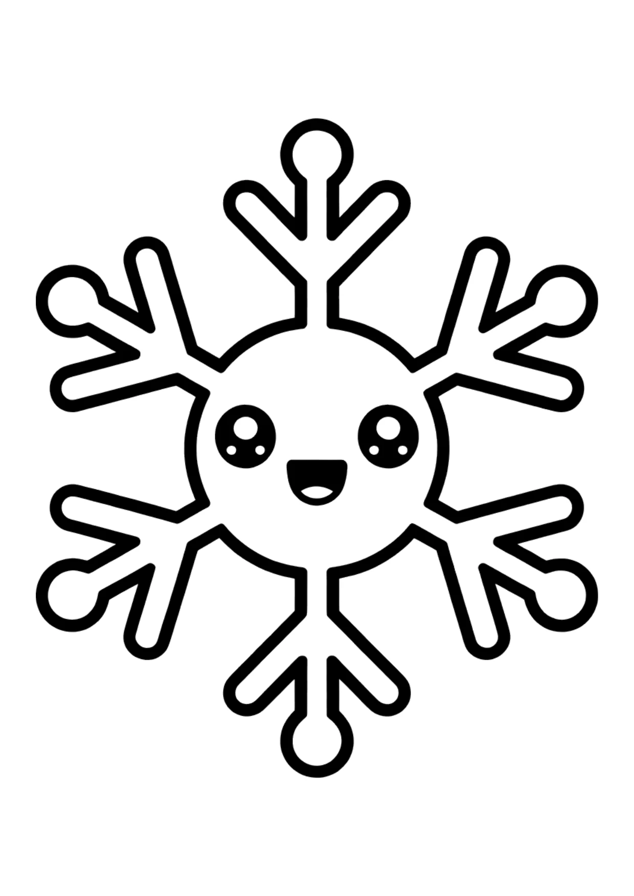 Easy kawaii coloring page of a smiling snowflake