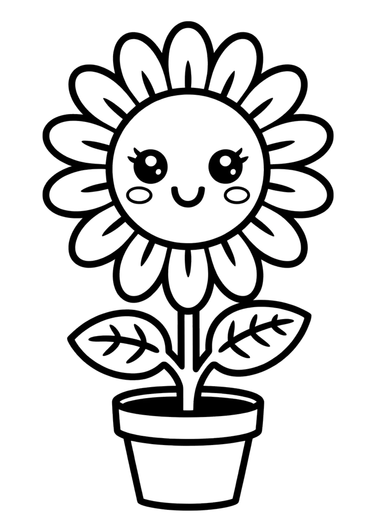 Coloriage facile d&rsquo;un tournesol kawaii souriant dans un pot