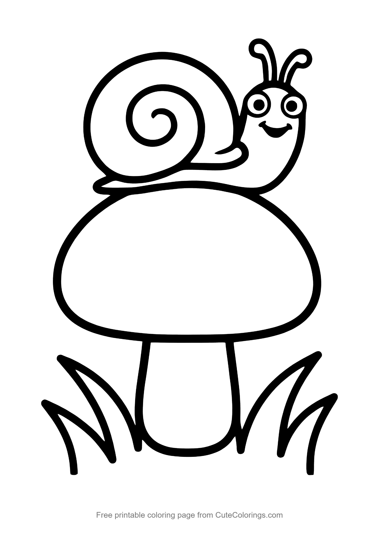 Easy coloring page of a smiling snail sitting on top of a big mushroom