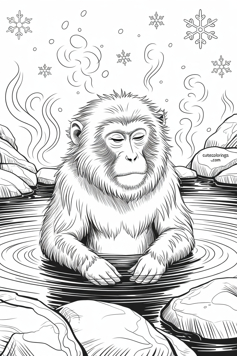 A sleepy macaque soaks peacefully as snowflakes fall
