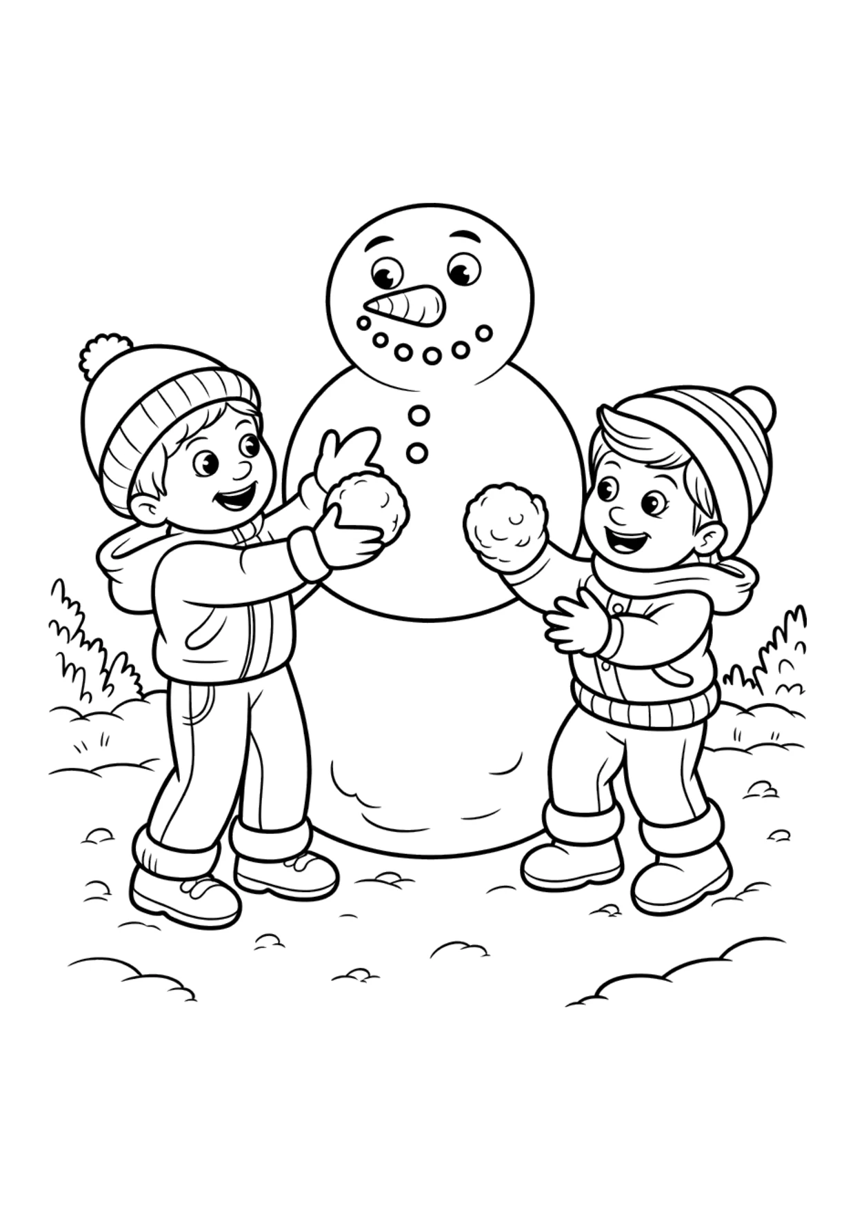 Ausmalbild für Kinder: Kinder machen mit einem Schneemann eine Schneeballschlacht