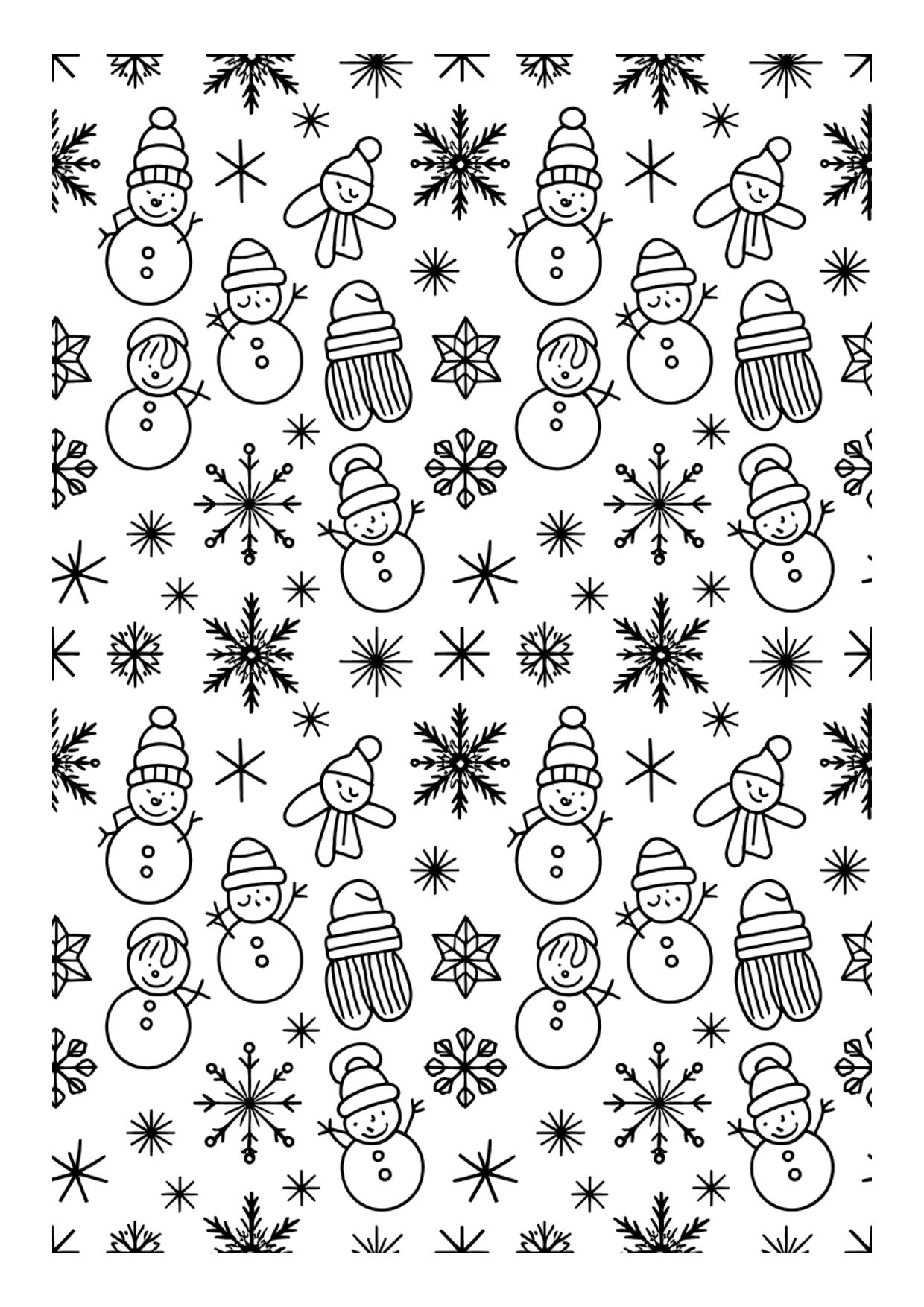 Detailliertes Ausmalbild mit Wintermuster aus kleinen Schneemännern und Schneeflocken