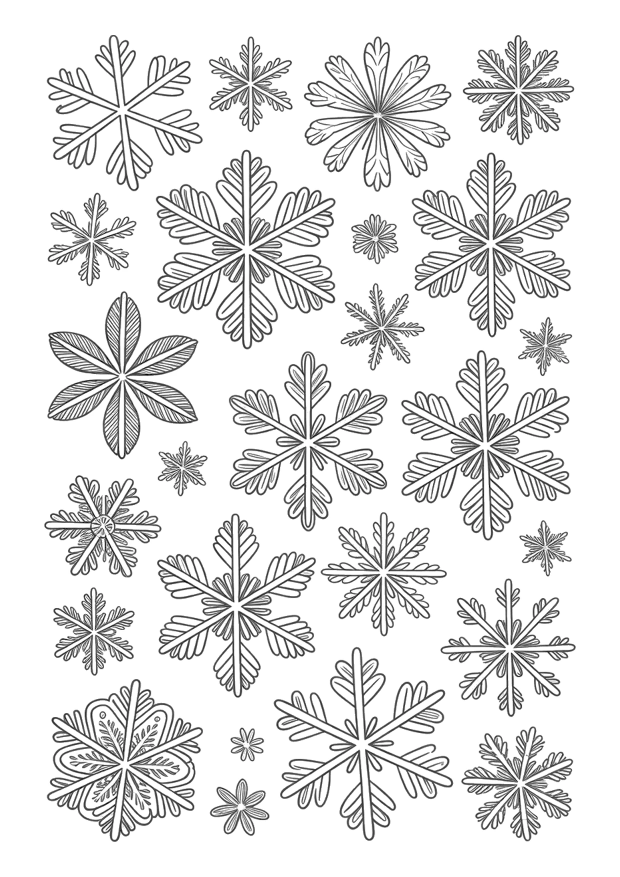 Detailed coloring page of many different snowflakes