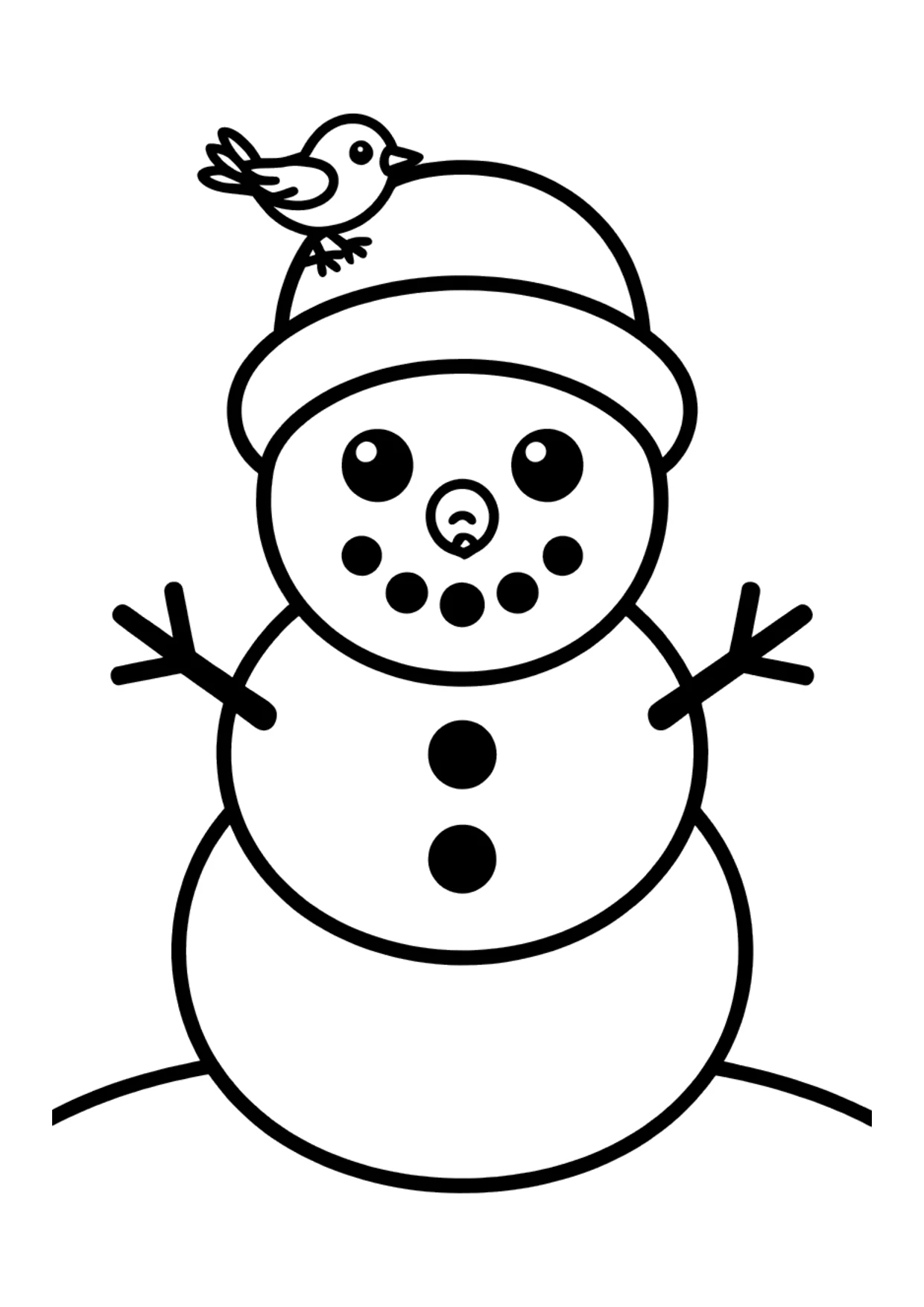Einfaches Ausmalbild: Schneemann mit einem kleinen Vogel auf dem Hut