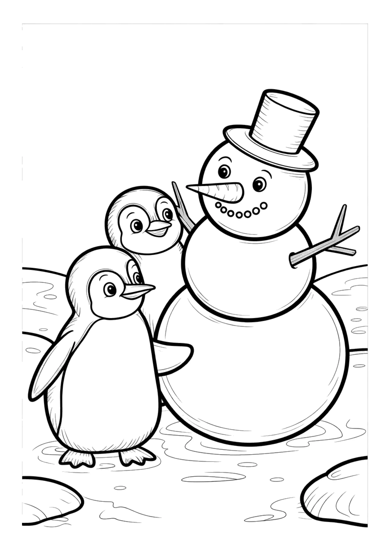 Ausmalbild für Kinder: Schneemann und zwei Pinguine spielen auf dem Eis