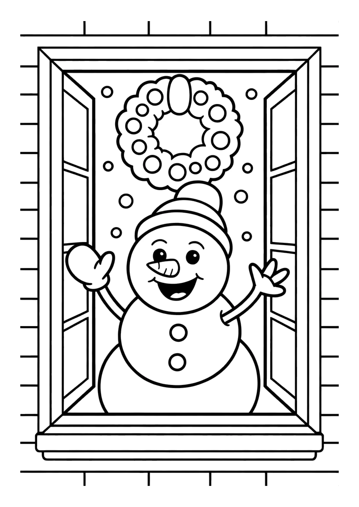 Ausmalbild für Kinder: Schneemann winkt Kindern durch ein Hausfenster zu