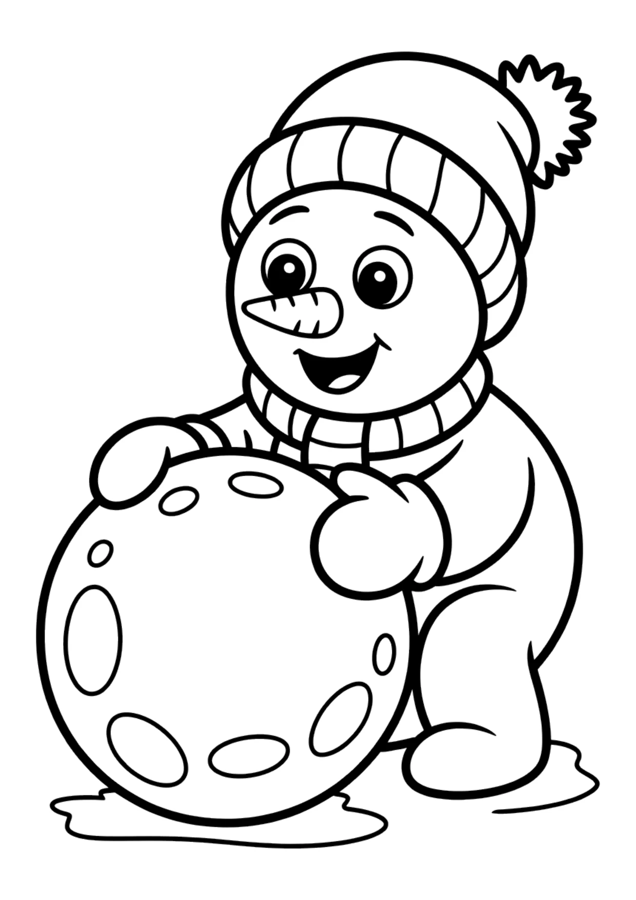 Ausmalbild für Kinder: Schneemann baut einen kleinen Schneemann
