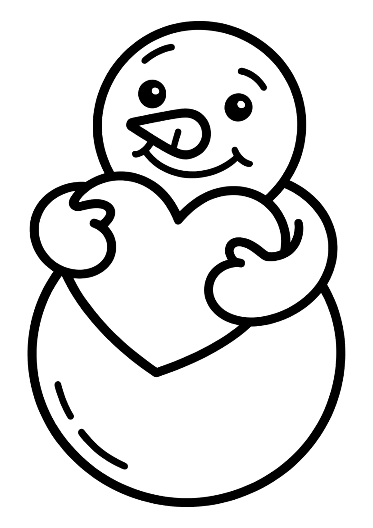 Einfaches Ausmalbild: süßer Schneemann umarmt ein Herz