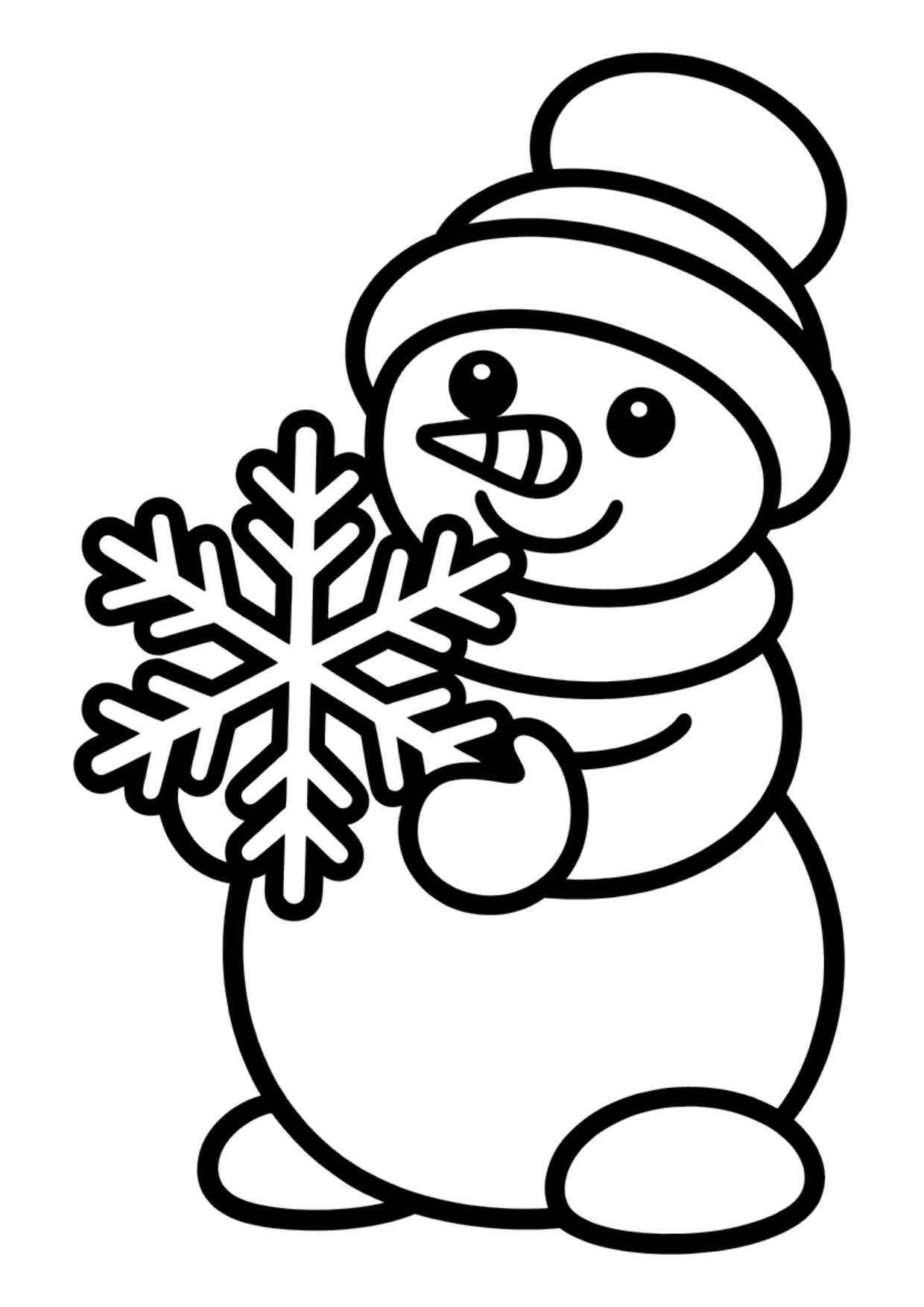 Einfaches Ausmalbild: süßer Schneemann, der eine große Schneeflocke hält