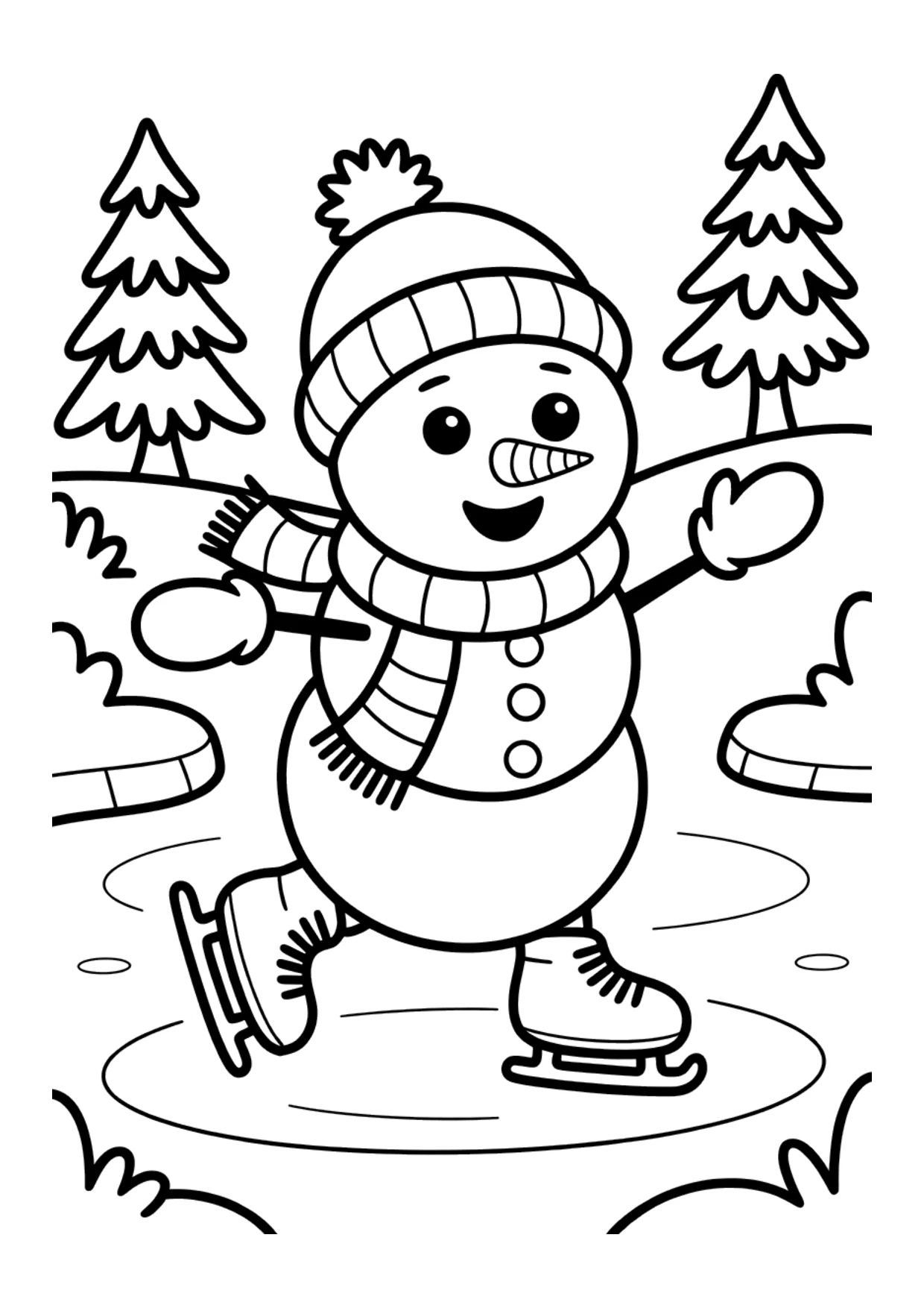 Ausmalbild für Kinder: Schneemann beim Eislaufen auf einem zugefrorenen Teich