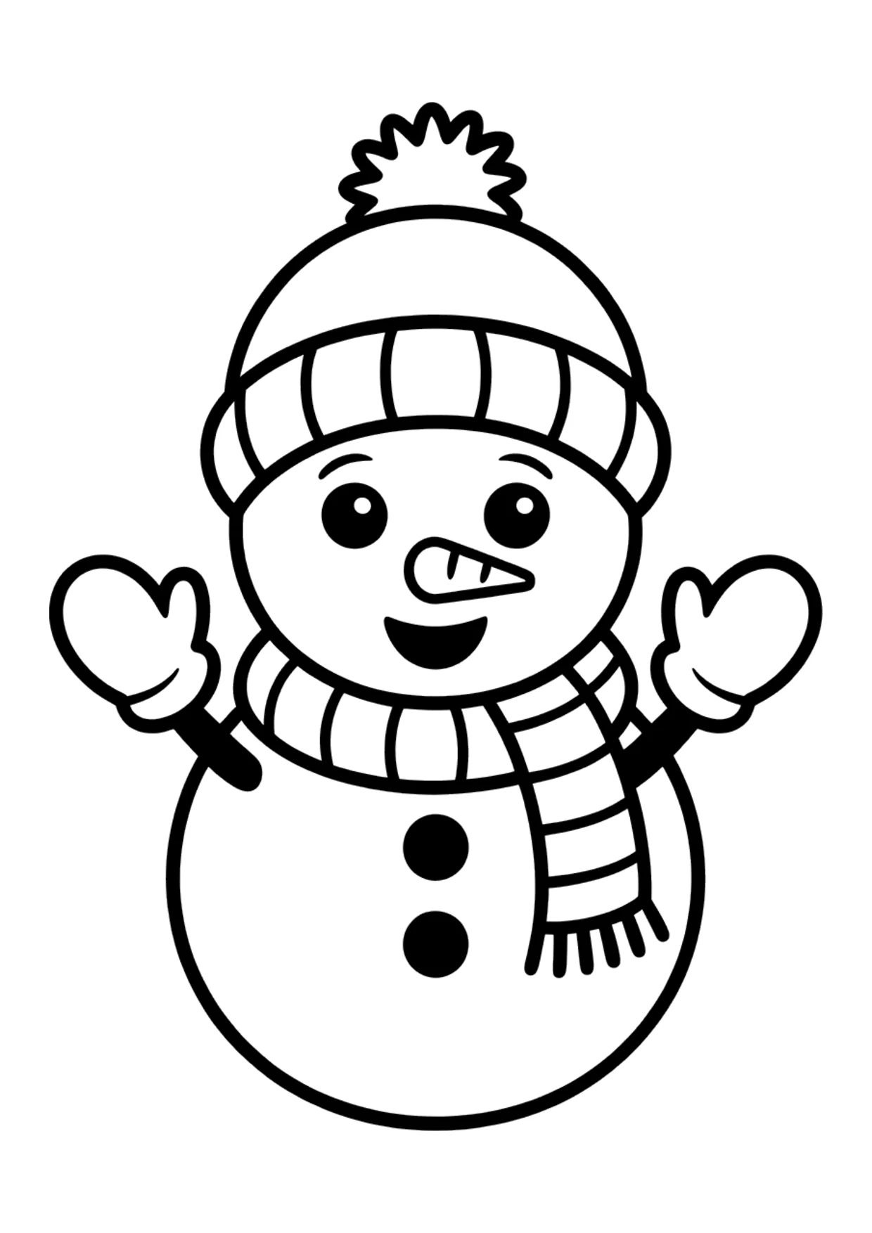 Einfaches Ausmalbild: Schneemann mit Bommelmütze und Fäustlingen